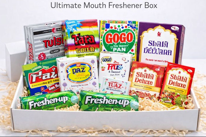 Box of various brand mouth fresheners on a white background