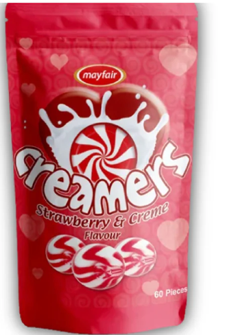 Mayfair Creamex Strawberry & Creme flavor packaging with red and white design.