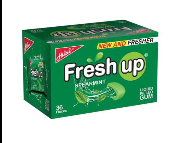 Box of Fresh up spearmint liquid filled gum on a white background