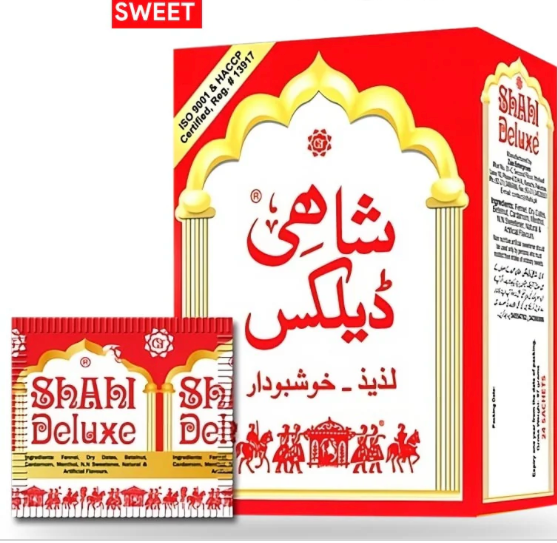 Shahi Deluxe sweet packaging with 48 packs box on a white background