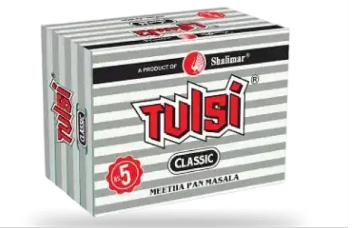 Box of Tulsi Classic metha pan masala with '48 Packs Box' text and Shalimar branding.