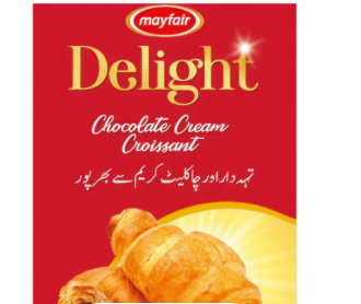 Mayfair Delight Chocolate Cream Croissant packaging with a red background
