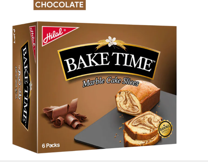 Hilal Bake Time Marble Cake Sticks packaging with chocolate flavor indication.
