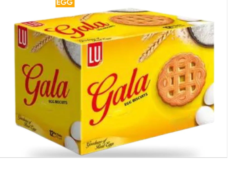 Box of Gala egg biscuits with a yellow background