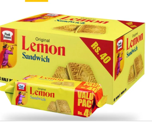Packaging of Lemon Sandwich cookies with yellow and red design