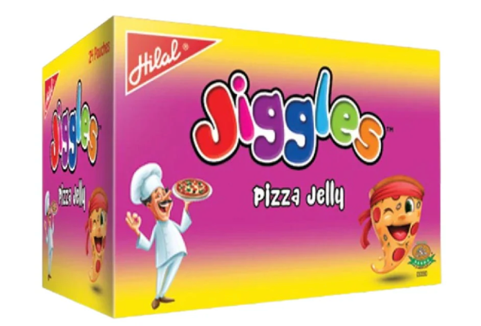 Box of Hilal Jiggles Pizza Jelly with colorful design and cartoon characters on a white background