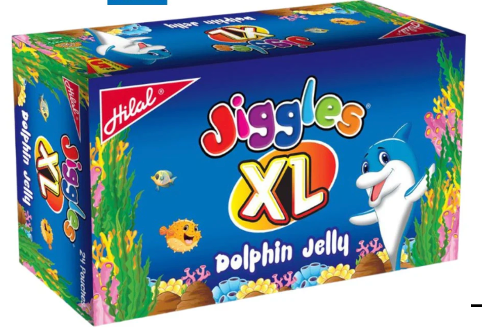 Box of Hilla Jiggles XL Dolphin Jelly with colorful design and cartoon dolphin.