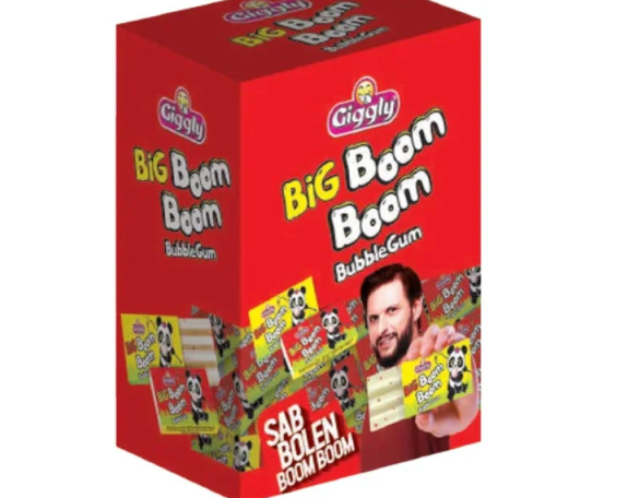Red box of Giggly Big Boom Boom Bubble Gum with colorful packaging and a man's face on a white background.
