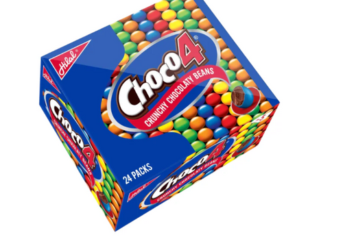 Box of Choco4 crunchy chocolate beans with colorful candy design on a white background