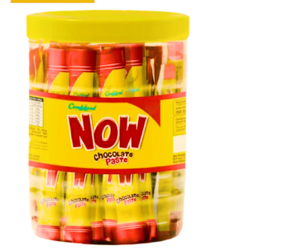 Jar of Confezione Now chocolate paste with yellow lid and label