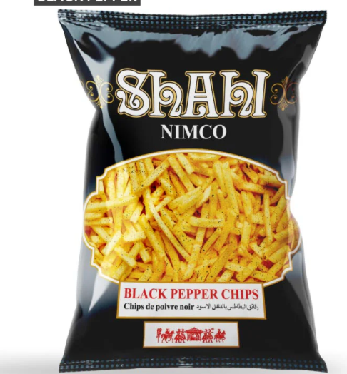 Shahi Nimco black pepper chips packaging on a white background